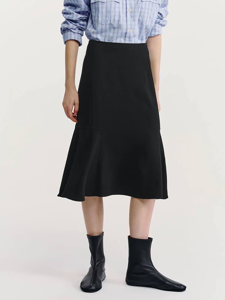 Asymmetrical Flared Hem Elegant Black Midi Skirt - Image 3
