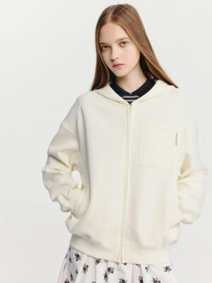 Minimalist Cream Full-Zip Hoodie