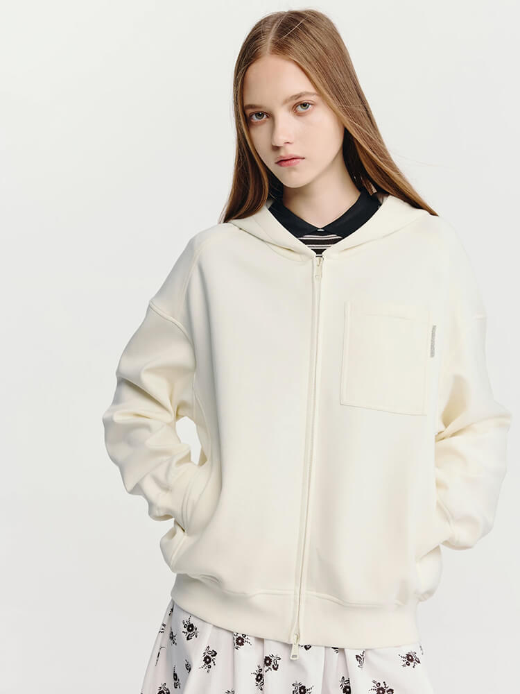 Minimalist Cream Full-Zip Hoodie
