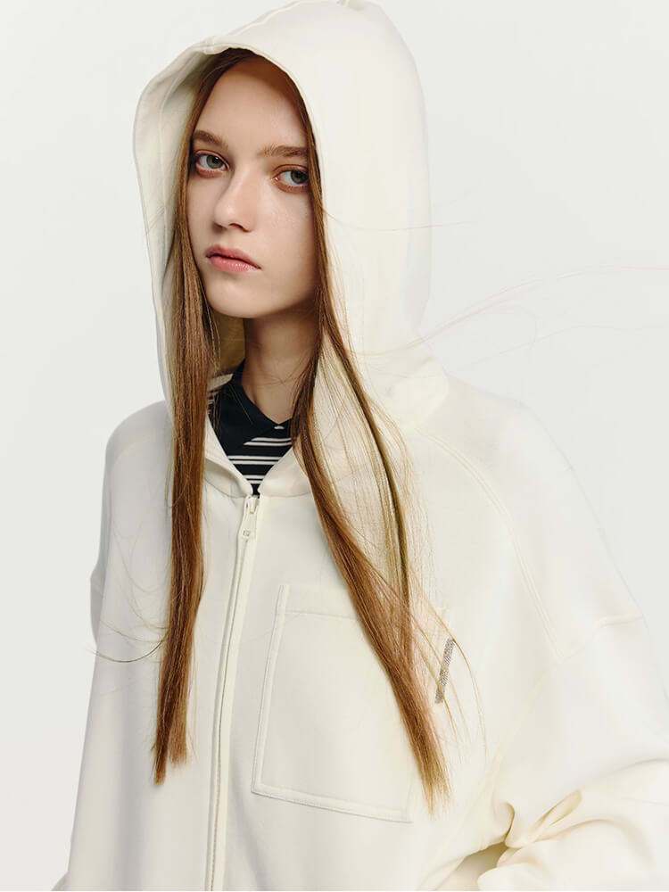 Minimalist Cream Full-Zip Hoodie - Image 2